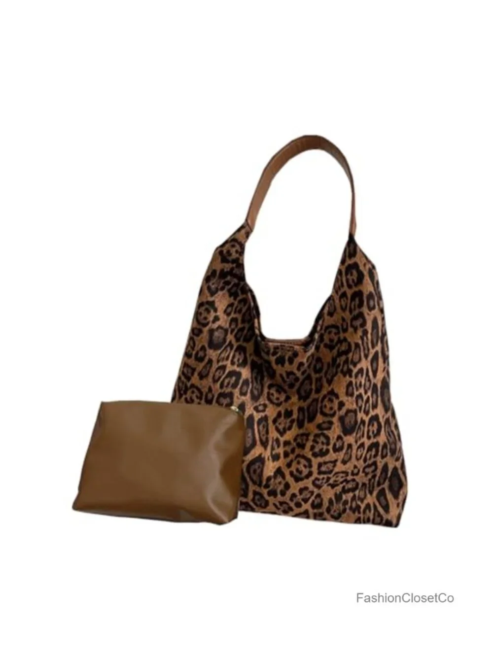 Faux Suede Leopard Print Slouchy Hobo Bag Large Tote Shoulder Purse 2PC